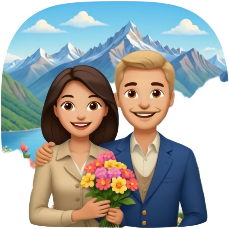 Couple  laughing traveling russian man and elegant  Latina girl delicate flowers and mountains in the background  emoji
