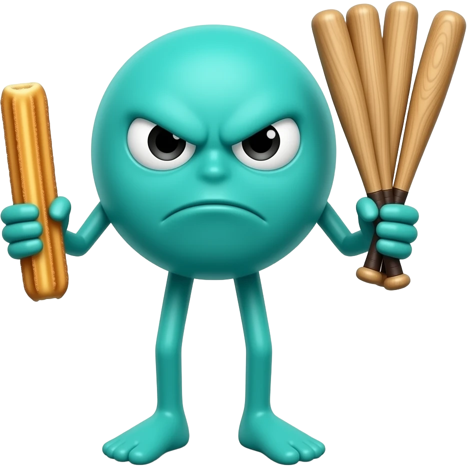 angry teal circle with extra long legs holding a churro in one hand and four baseball bats in the other emoji