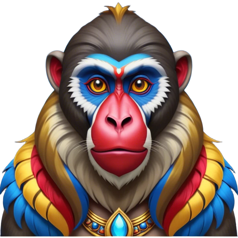 Cinematic Noble Mandrill Portrait Emoji, Poised and regal, with a striking, powerful build and a vivid, multicolored face accented by bold blue, red, and yellow hues, deep-set soulful eyes, Simplified yet sharp and sophisticated features, highly detailed, glowing with a vibrant, dignified glow, high shine, intelligent and commanding, stylized with an air of exotic majesty, focused and attentive, soft glowing outline, capturing the essence of a watchful and confident primate, so majestic it feels as though it could step out of the screen with effortless authority! emoji