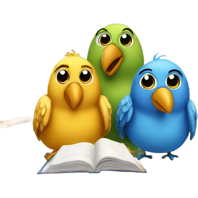 three birds in a school studying but only one of them learning emoji