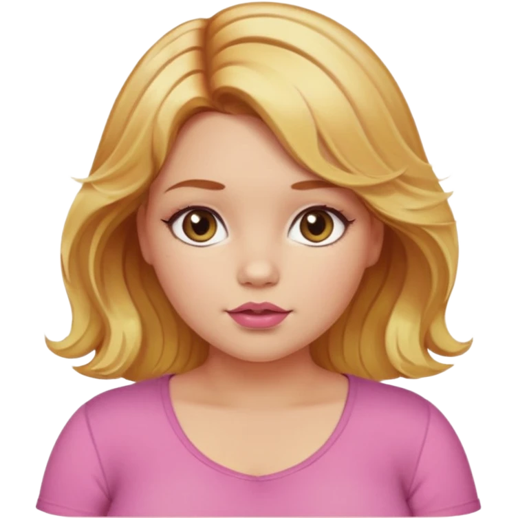 Chica rubia talla XL un poco cachetona pelo  ondulado cobrizo con balashge rubio amarillo claro ojos cafe oscuro labios rosa nude y top xolor rosado emoji