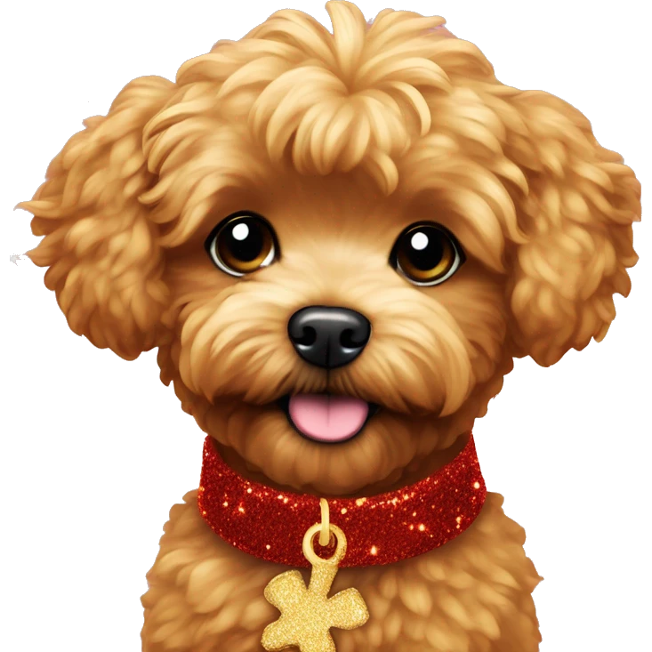 Red maltipoo with gold glitter tinsel around his neck emoji