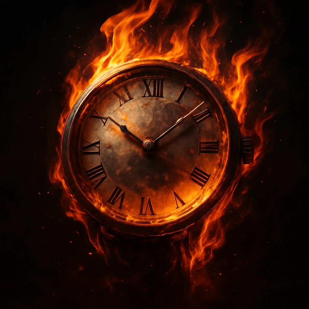 watch face with fire, time slipping away, expressive and dynamic emoji