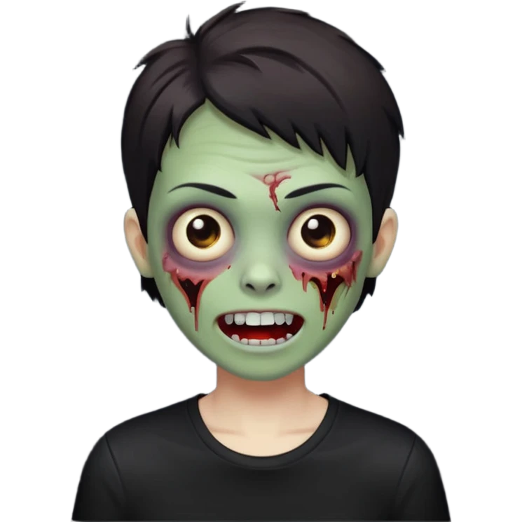 joyful zombie with short dark hair wearing a black shirt emoji