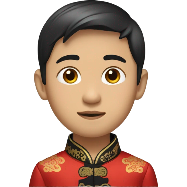 Head shot of Asian boy Wearing a traditional Chinese outfit with a red silk jacket and black pants, black dress shoes. emoji