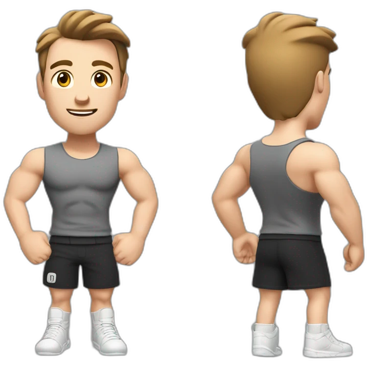Close up Actively gesturing  with hands Pale skinned Fit Man With the biceps and brown hair in dark gray Sleeveless Mike, black oversize sports shorts, watch and white Sneakers emoji