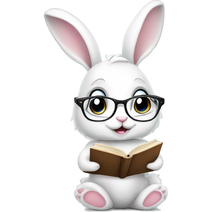 Cute White bunny girl with glasses, bow on the ear and book in her paws  emoji
