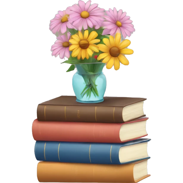 aesthetic stack of books stacked with flower in vase on top emoji