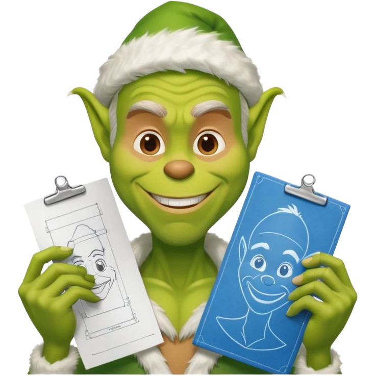 a man drawing a blueprint, with a wide, sly Grinch-like grin emoji