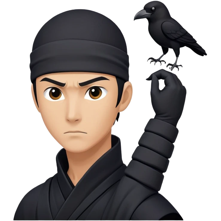 clash-of-clans-aesthetic_-cinematic-mysterious-male-ninja-portrait-emoji, rendered in a flat, vector-style with minimal shading and bold, simplified shapes, his arm is stretched out  with a head slightly turned revealing intense, focused eyes. the ninja has his arm out and perched on top of his forearm is  a  giant black crow emoji