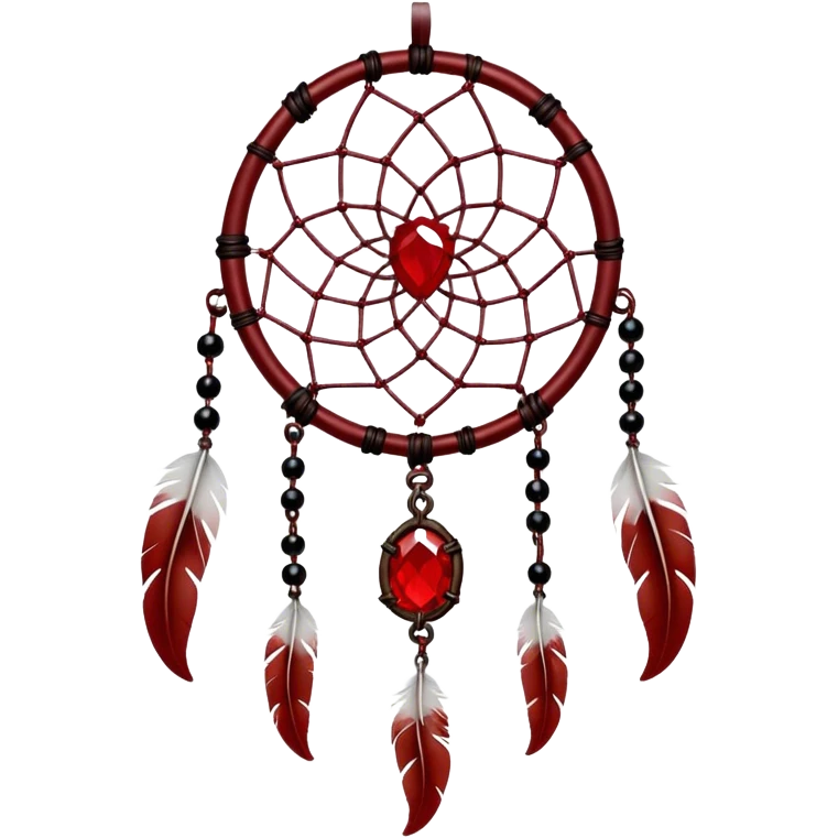 Blood-red, bloody, obsidian-black, edgy, dream catcher, red gemstones, black wires, black threads, tiny skulls, white feathers emoji