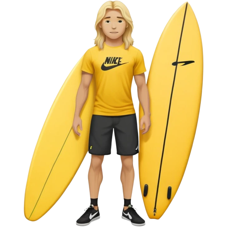 Man Surfer surfing with long blond hair, yellow t-shirt with black Nike logo in center of chest, black baggy sweatpants. On a yellow and white board emoji