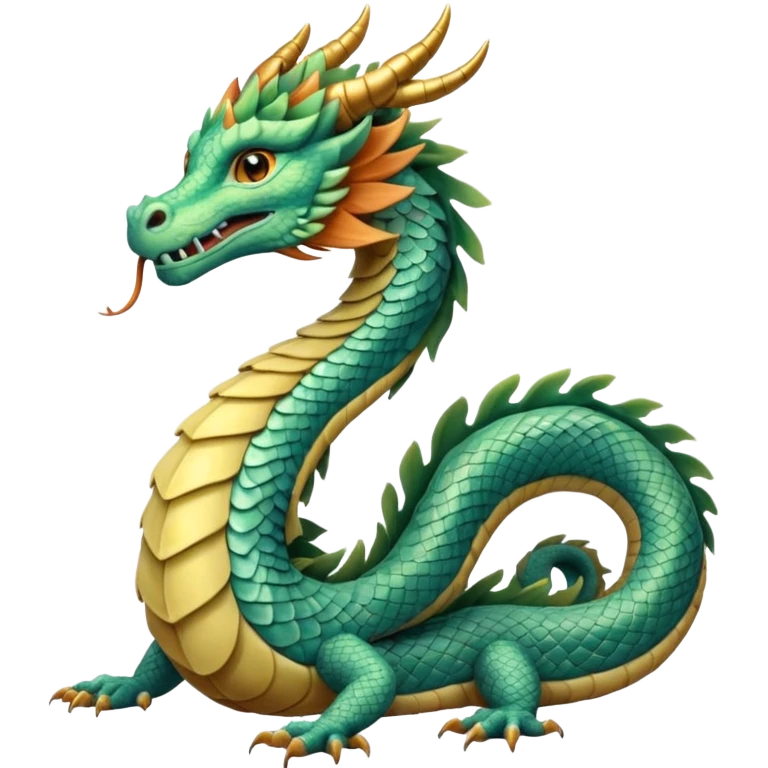  serpent dragon. Slim, serpentine body with smooth scales in soft blues and greens. Fluffy leaf plumes replace the tail fins, and a terracotta crown-like crest adorns its head. Gentle amber eyes. it should be similar to traditional chinese dragons. emoji
