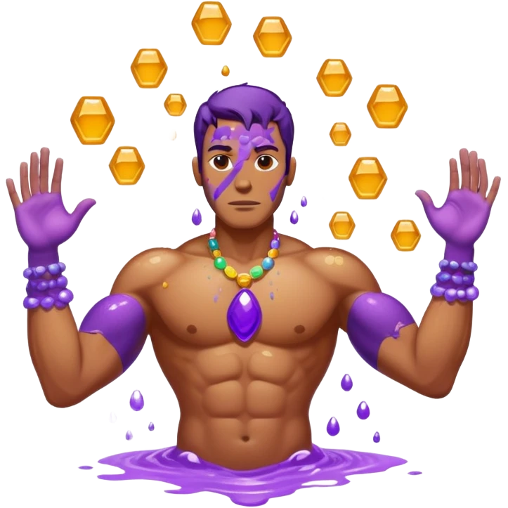 A tall strong purple man doused in honey with 5 colored stones floating around him emoji