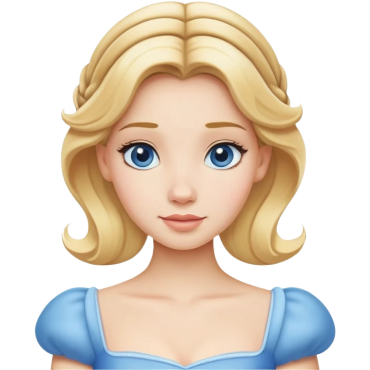extremely minimal Cinderella from hips up, simple blue dress shape, basic blonde hair outline, few facial details, ultra simplified emoji