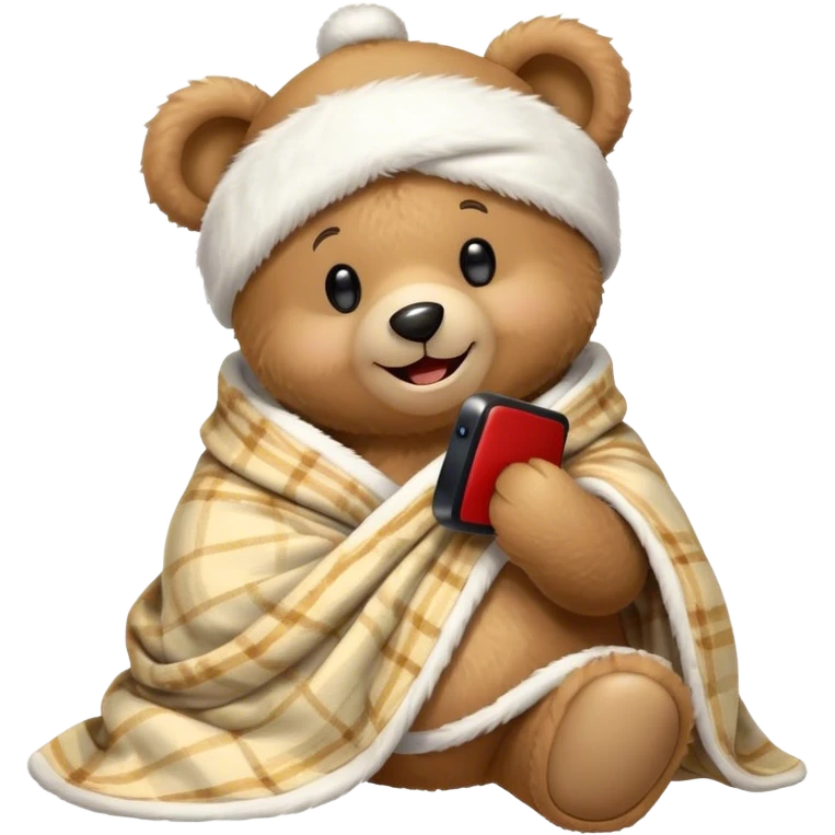 a Christmas teddy happy bear wrapped in a blanket talks on phone emoji