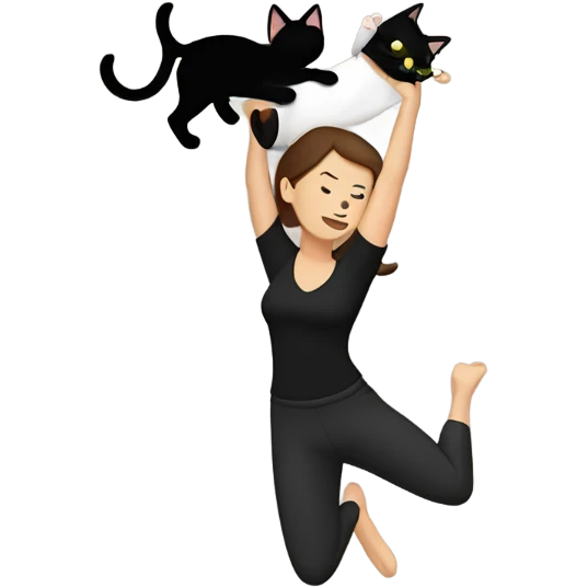 Brunette white woman lifting black cat in the air above head emoji