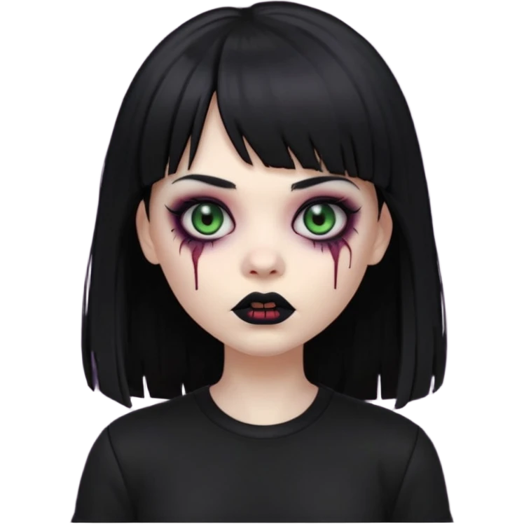 uma garota gotica zumbi no formato Memoji da apple com o cabelo cumprido, preto liso e com franja, blusa preta, olhos pretos  emoji