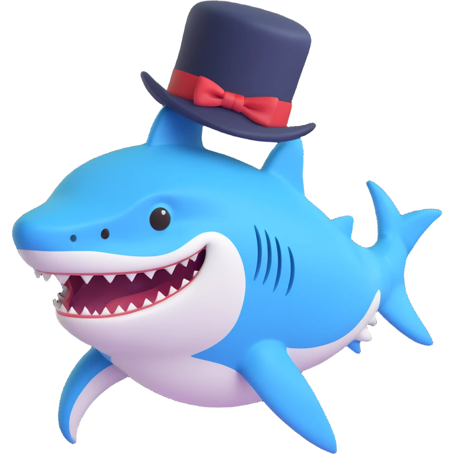 playful and charming shark wearing a top hat emoji