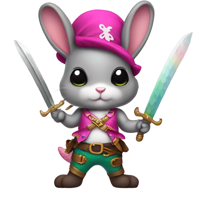 Rainbow mermaid bunny wearing pink pirate clothes and sword emoji