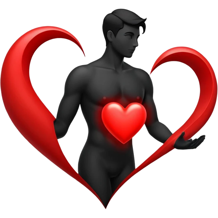 Minimalist b&w male silhouette with flowing curves, overlaid with a big glowing red heart, symbolizing attraction, inspiration, and transformation through the qualities admired in others.” emoji