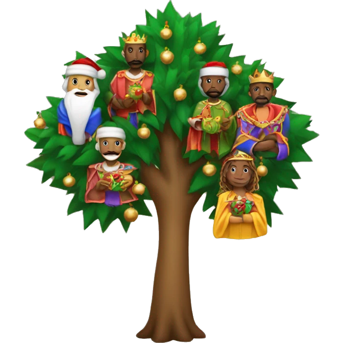 Los Tres Reyes Magos posando en un árbol de Navidad emoji