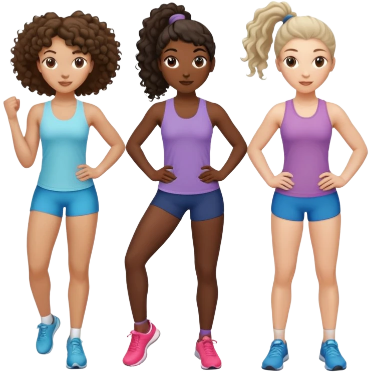three women friends exercising together, one black woman with curly brown hair, one pale white woman with curly brown hair, and one white woman with straight brown hair in a ponytail positioned on the right emoji