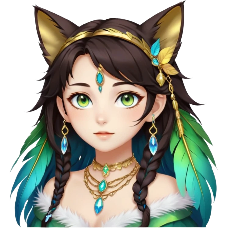 Beautiful gorgeous anime lady with beautiful dark-brown-special-hair, fashion aesthetic, ethereal, feather, accessories, gold jewelries, gold, colorful, feline ears, colorful hazel-green-blue-gradient eyes emoji