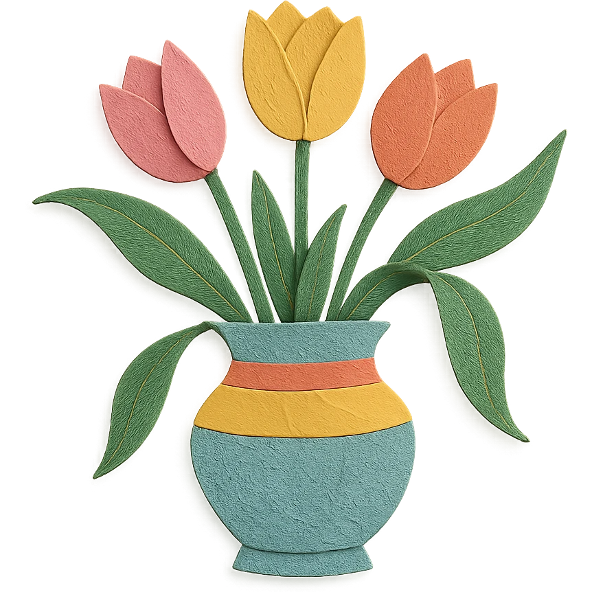 tulips in a decorative vase, delicate paper layers, naturalistic pose, expressive leaves emoji