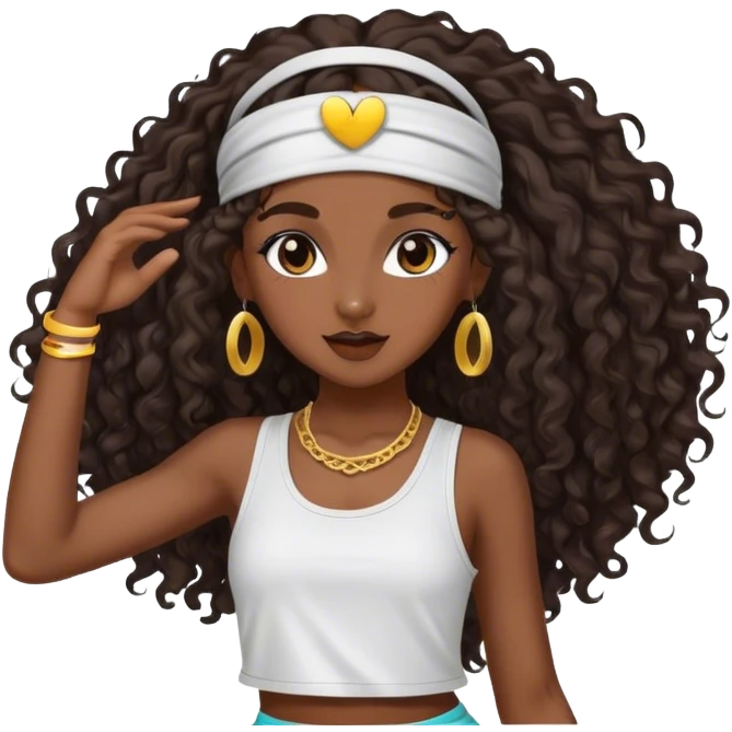 Dancing dark brown girl with long darn brown curly hair with headband hip hop emoji