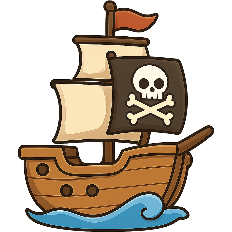 A cute pirate ship with sails, jolly roger flag, and wooden hull in a playful chibi style emoji
