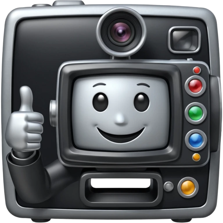 An anthropomorphized black professional television studio camera smiling and giving a thumbs up emoji