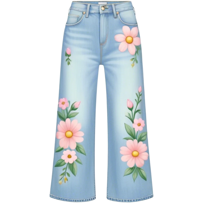light wash denim wide leg jeans with pastel flowers painted on them emoji