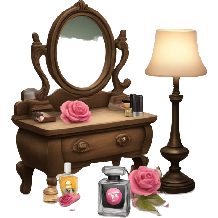 Old wood vanity with vintage makeup and perfume and dead roses in a vase  emoji