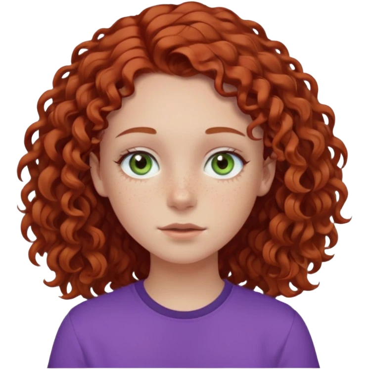 pale white teen girl with light blueish green eyes and freckles with brownish red curly middle part hair and purple shirt emoji