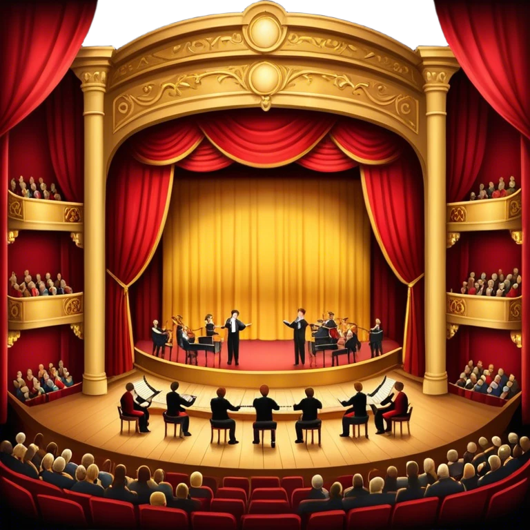 An icon depicting a theater stage with actors performing a play, illuminated by dramatic lighting. The audience watches from colorful balconies, while an orchestra plays in the pit, creating an immersive atmosphere. transparent background. emoji