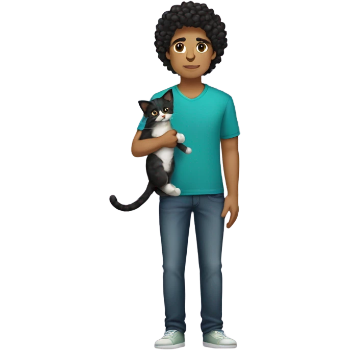 Mexican black curly hair guy standing holding a cat emoji