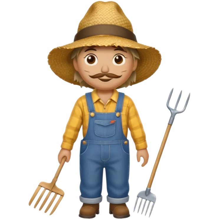 Scarecrow, Dressed like a farmer with overalls, straw hat, and a rake tucked in one arm. emoji