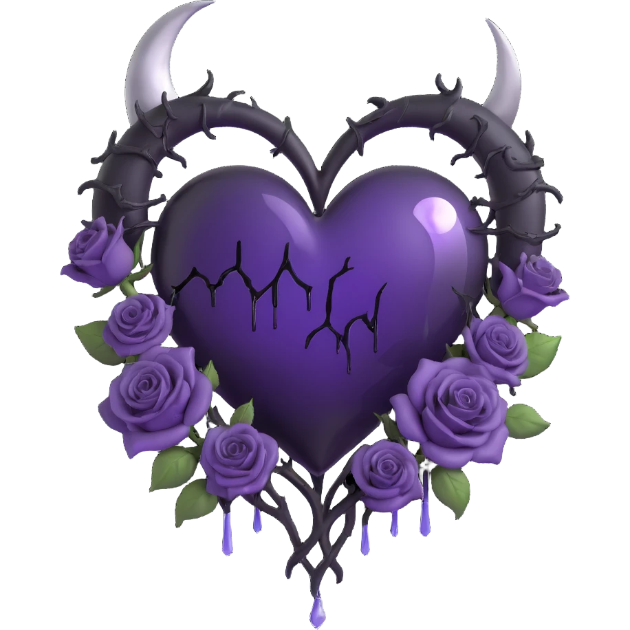 gothic heart, deep purple glass, crescent moon dripping silver, black roses encircling the heart, subtle lightning, rainy mist, cracked glass glowing softly emoji