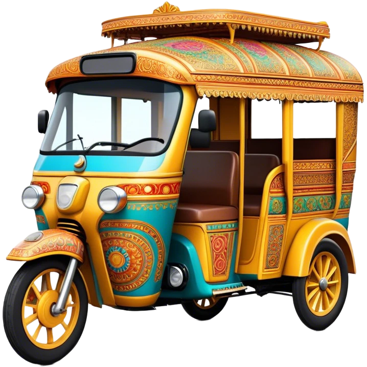 Cinematic Realistic Indian Auto Rickshaw Emoji, depicted as a colorful, bustling auto rickshaw with intricate designs and vibrant hues, rendered with lively textures and dynamic urban lighting that captures its quintessential presence in Indian cities. emoji
