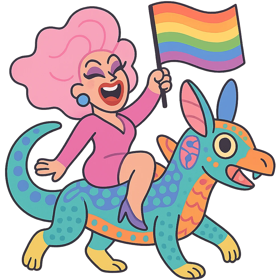 drag queen riding an alebrije, holding an LGBTQ flag, in a soft pastel toon style emoji