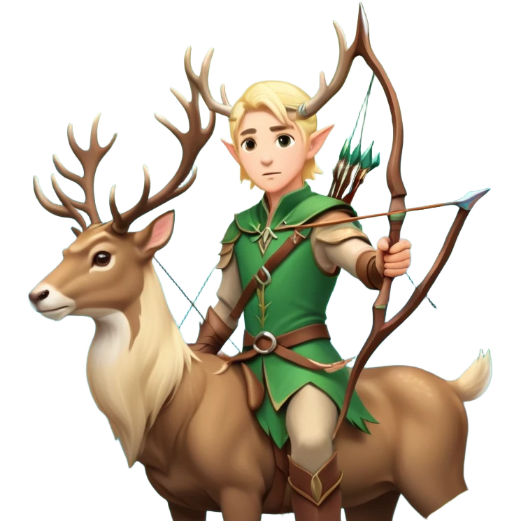 clash-of-clans-aesthetic-blond-male elf-archer-portrait-emoji, rendered in a flat, vector-style with minimal shading and bold holding his bow, simplified shapes, head tilted slightly forward with a determined, focused expression, riding a majestic stag whose antlers glow with mystical energy, set against an ancient, enchanted forest backdrop. emoji