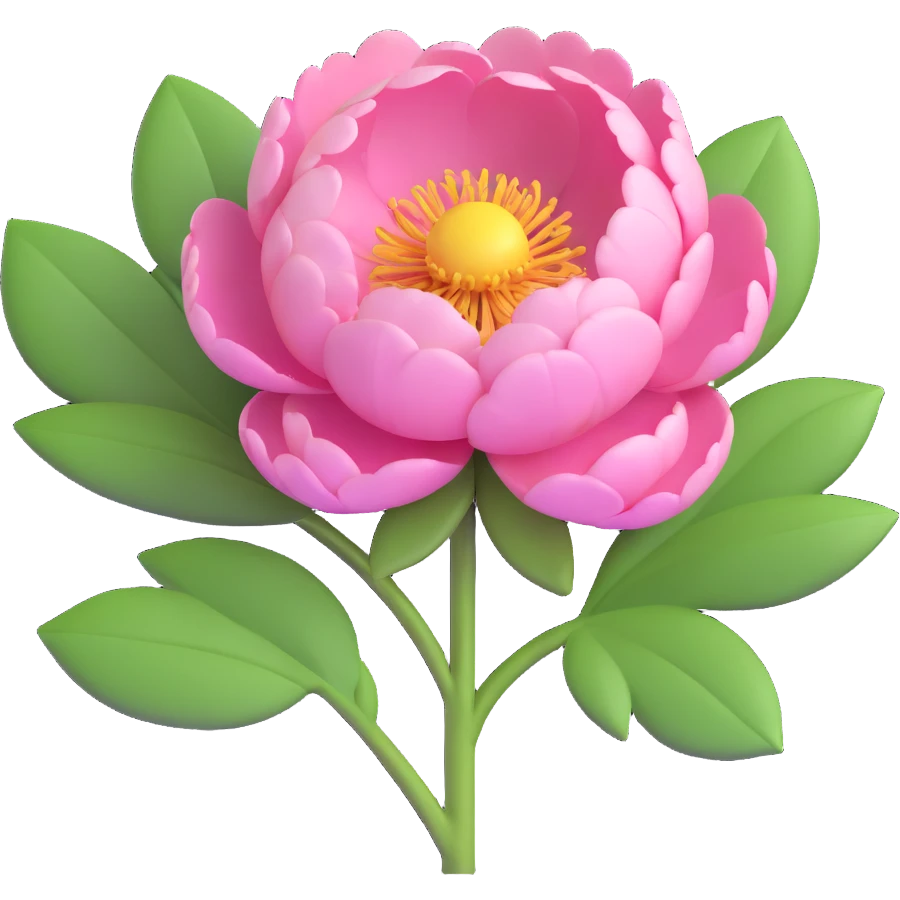 single pink peony flower with green leaves, soft rounded petals, realistic yet playful look, 3D emoji style emoji