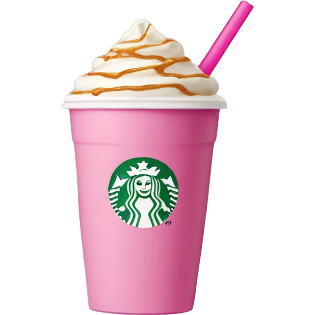 Starbucks Cute vanilla coffee with caramel drizzle in a pink plastic cup with one straw rounded top  emoji