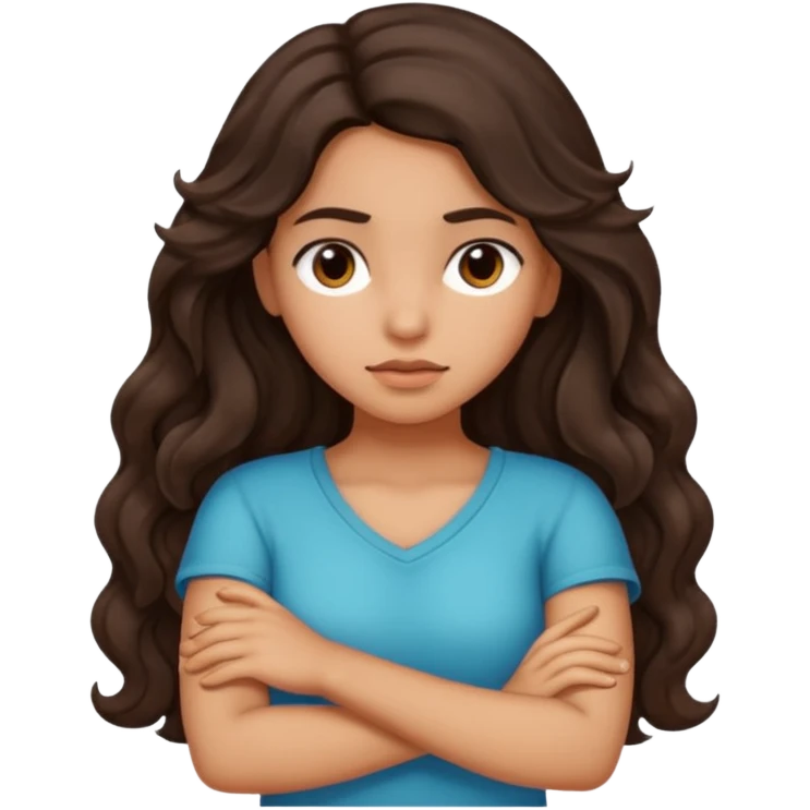Hispanic girl with long dark brown wavy hair crossing her arms and slightly pouting emoji