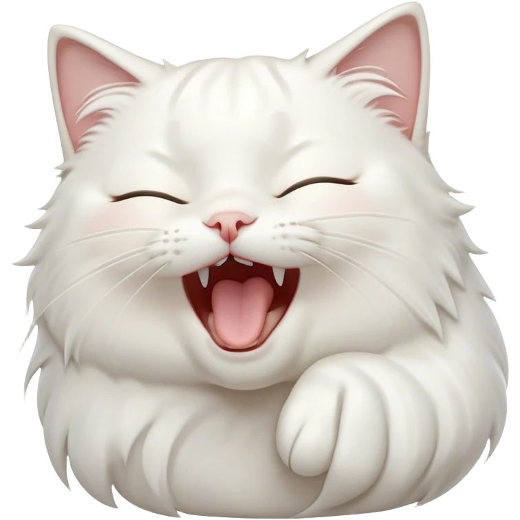 Cinematic Cute Yawning White Cat Portrait Emoji, Head gently tilted with an endearing, wide-open yawn and softly closed eyes, showcasing a pristine white fur with delicate hints of silver, simplified yet irresistibly adorable, highly detailed, glowing with a tender, cozy radiance, high shine, exuding sleepy charm and gentle affection, styled with a soft glowing outline, capturing the essence of a white cat caught mid-yawn, radiating pure, adorable lethargy! emoji
