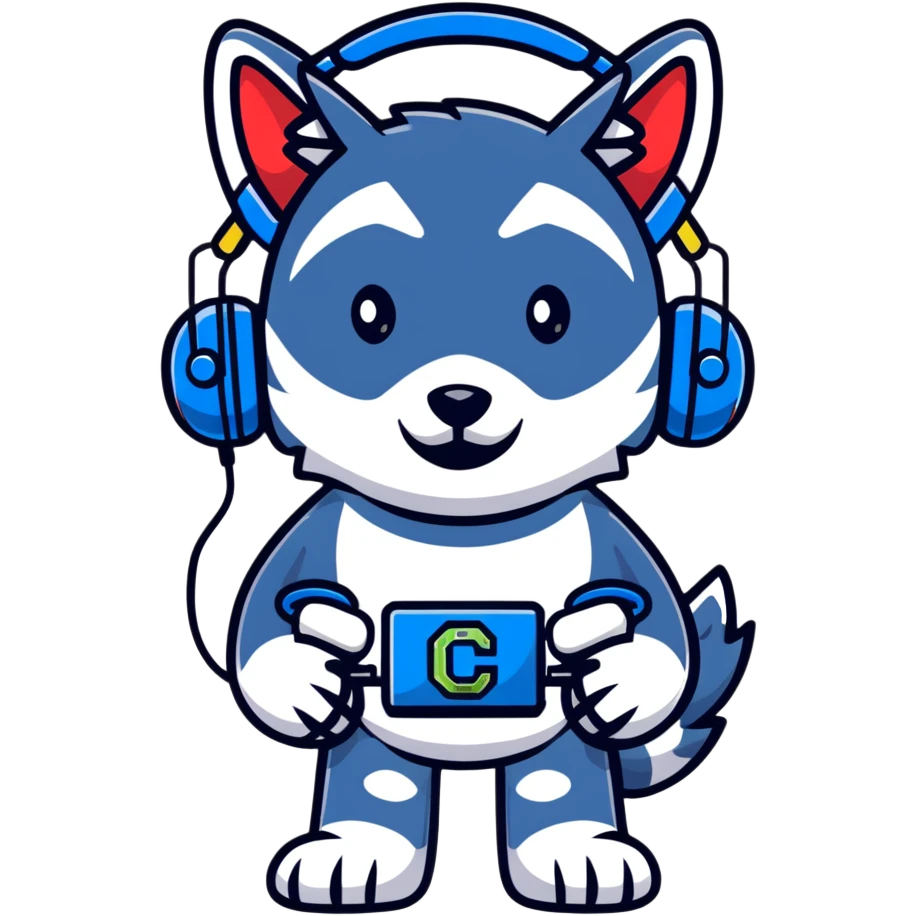 robotic wolf with digital eyes and circuit patterns wearing coach headset with football icon emoji