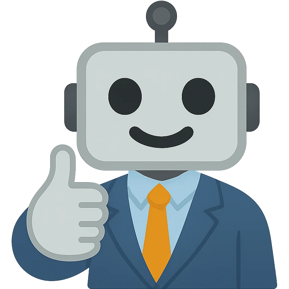 Make the recruiter robot emoji much cuter and more friendly, masculine, in apple style, flat, giving a thumbs up, business casual, with a transparent background. emoji