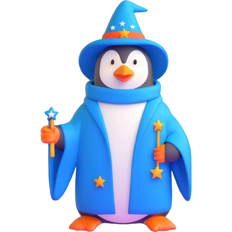 penguin wizard with a blue robe and starry hat emoji