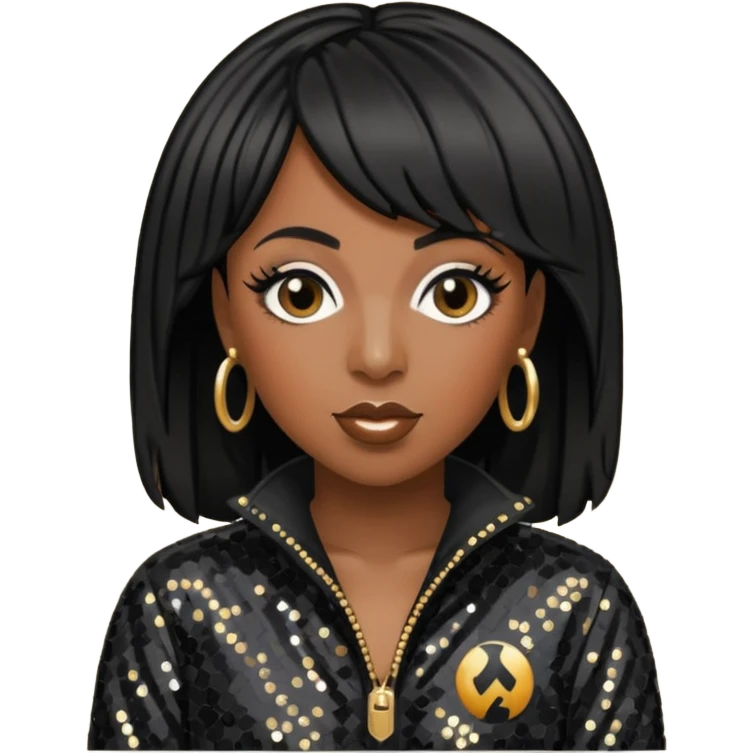 Missy Elliott with black hair, black sequin jumpsuit emoji